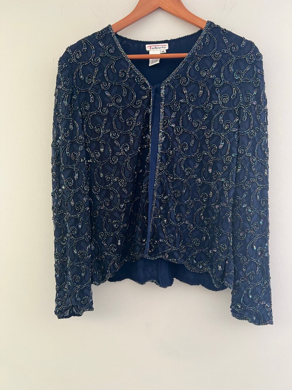 Talbots Beaded Cocktail Cardigan Jacket Navy Blue Rayon Size Medium SG
